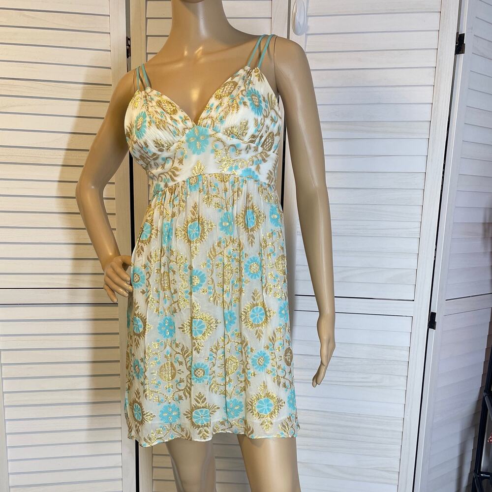 Milly of NY Grecian Style Turquoise Gilded Gold Metallic Silk Dress sz 2